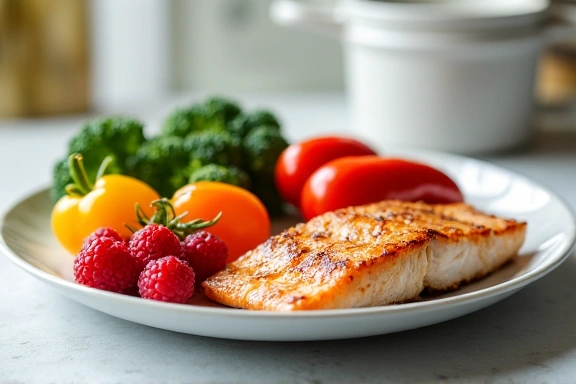 A plate of healthy food with various vegetables, fruits, and lean protein, representing balanced nutrition.