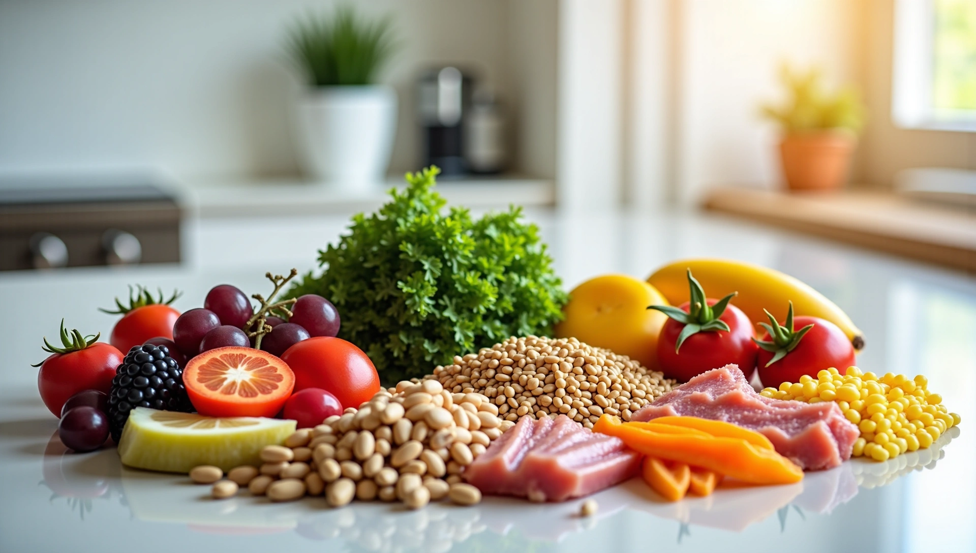 A vibrant, healthy food spread on a clean, modern kitchen counter, with soft natural light.