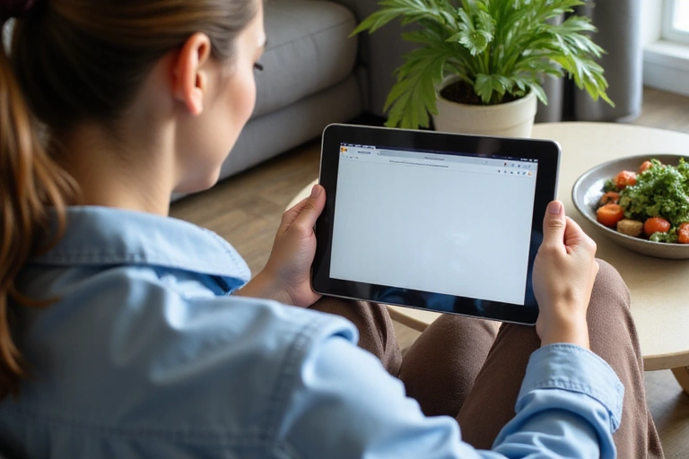 A person comfortably using a tablet for an online consultation, with a healthy meal and a plant nearby.