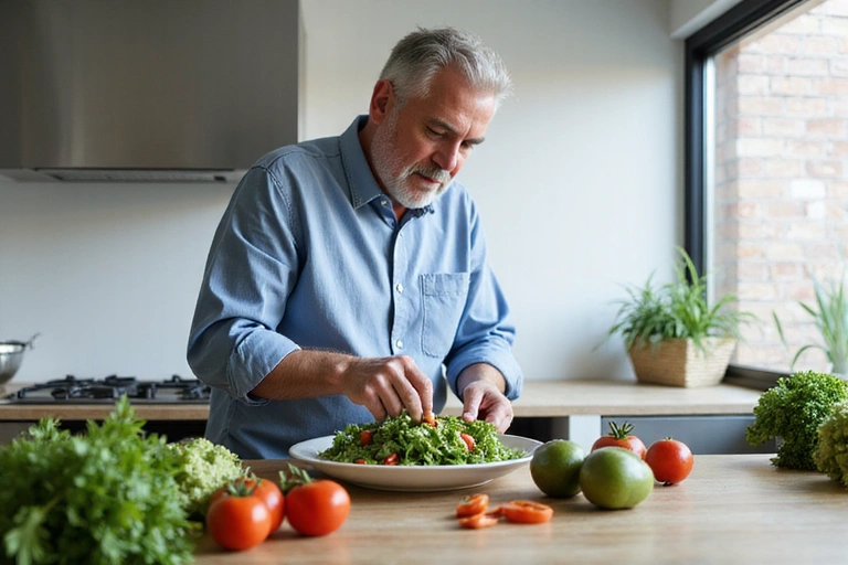 Man preparing a healthy salad in a modern kitchen